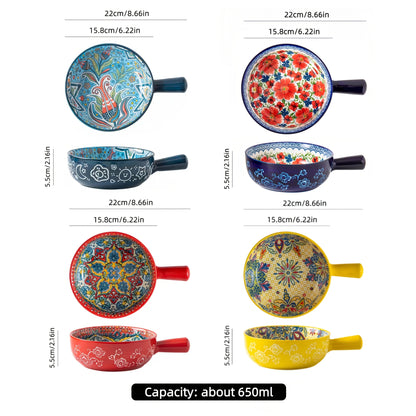 TAUFIKT 8.7-inch Large Bohemian Ceramic Salad Bowl Set Of Four (with Handles), Microwave And Oven Safe, Ideal for Home Baking And Table Serving, Valentine's Gift