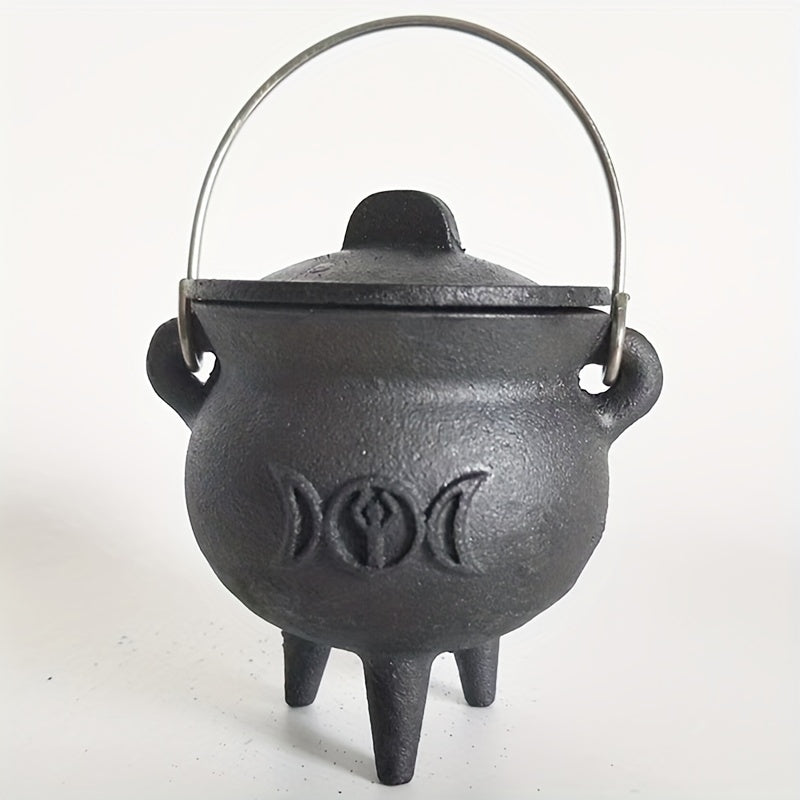 Cast Iron Cauldron with Lid & Handle – Witchcraft Incense Burner, Spell Ritual Pot, Halloween Decor, Pentagram & Triple Moon Styles, Pagan Altar Cauldron