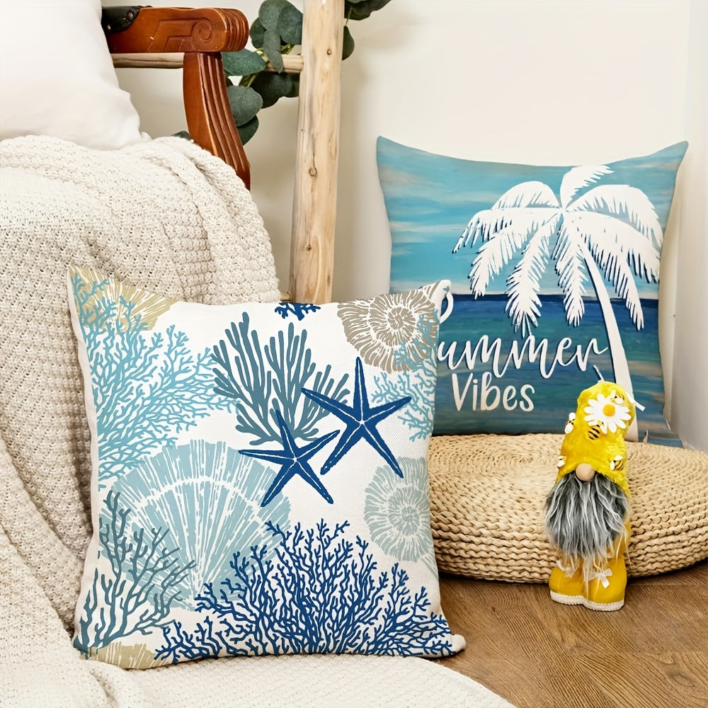 4pcs Set, Summer Ocean Beach Style Pillowcase, 18 Inches, Marine Life Shells Starfish Seahorse Turtle Coastal Outdoor Decorative Pillowcase