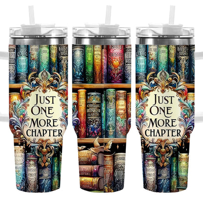 1pc 40oz Vibrant Bookshelf Art Tumbler, Double Wall Vacuum Insulated Travel Mug, Spill Proof Lid, Gift for Dad, Mom, Ideal for Christmas, Father's Day, Birthday Gift, Coffee Cup