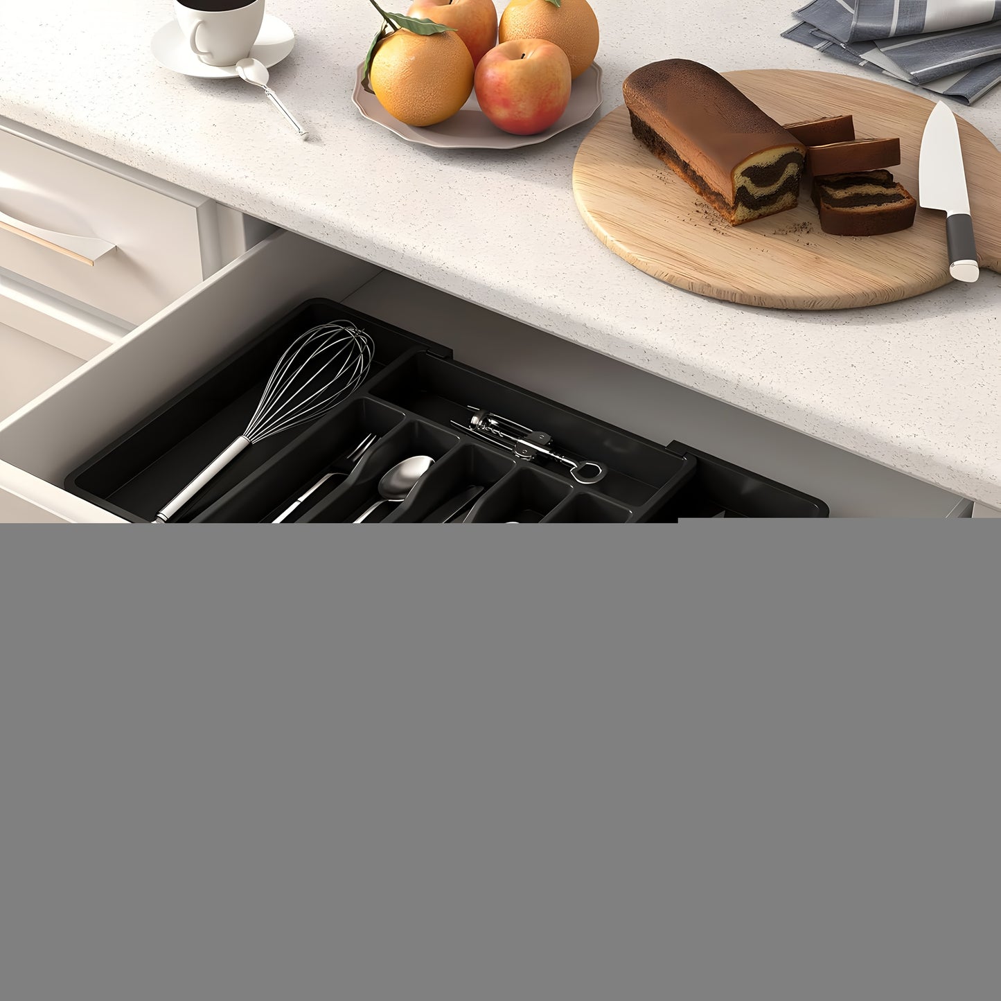 Silverware Organizer Utensil/Knife Storage Box, Adjustable Storage Box, Cutlery Storage Box, Kitchen Organizers And Storage, Organization And Storage. Maximum Length 22.4In, Width 15In, Height 2In. Local Warehouse Items, Black/Gray/White