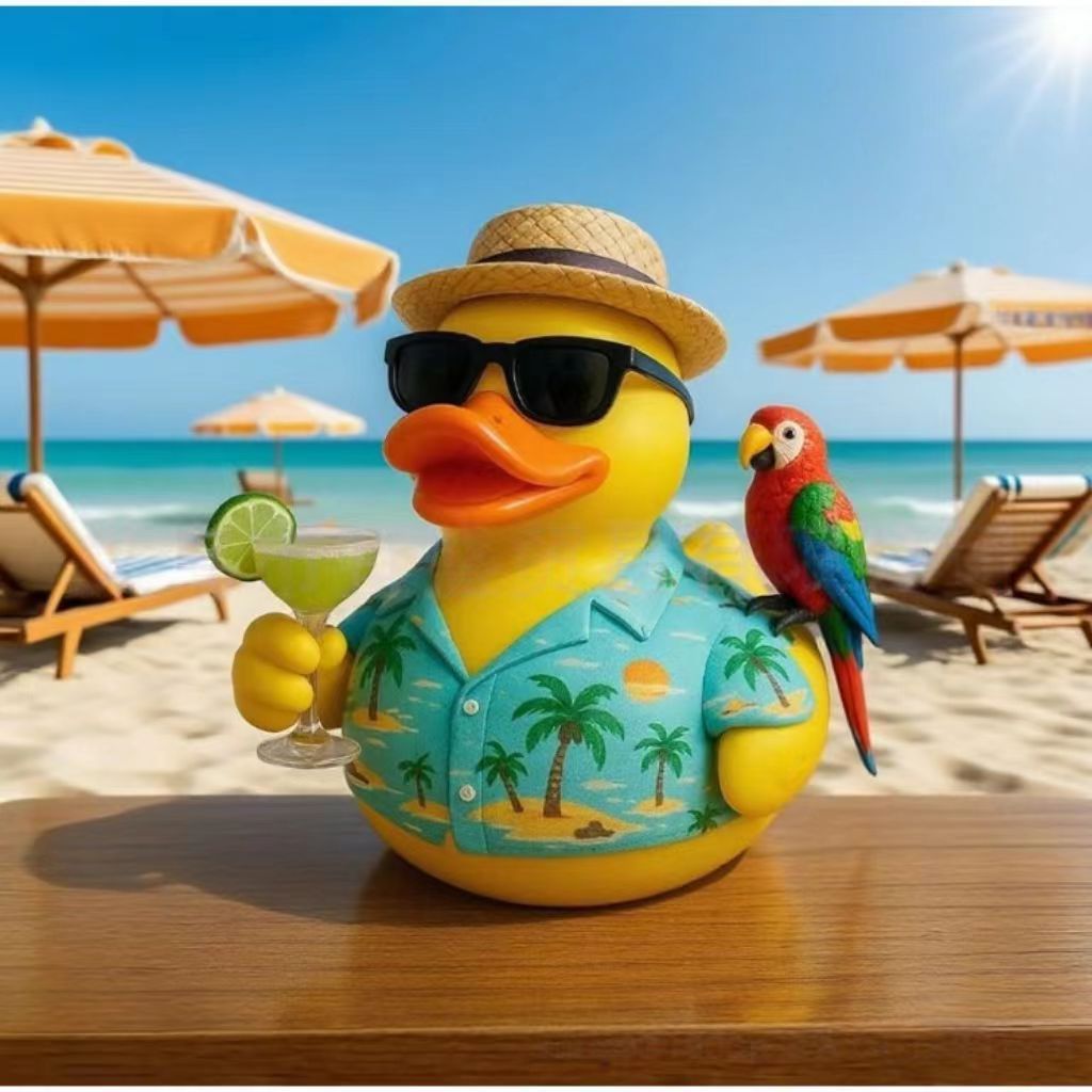 A Highly Fashionable Beach Gathering Featuring Large, Intricately Designed Resin Ducks, Perfect As Gifts for Friends During Different Celebrations. They Can Also Serve Multiple Purposes, Including As Car Decorations