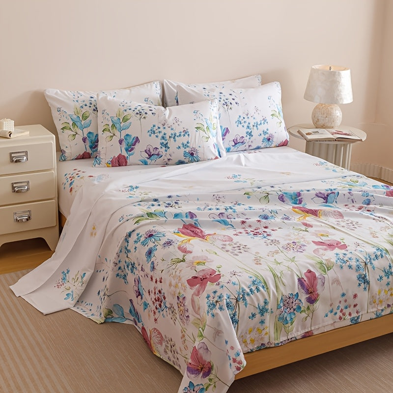 4-Piece Fresh Flowers Bedding Set | 1 Fitted Sheet + 1 Flat Sheet + 2 Pillowcases | Soft & Breathable Polyester | All-Season | Machine Washable