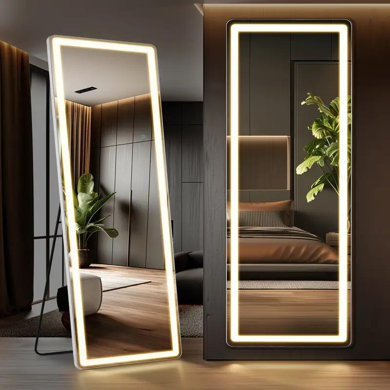 Full Length Mirror with LED Lights & Touch Sensor – 64"x21" Dimmable Smart Floor Mirror, Wall Mount or Freestanding, Slim Modern Frame for Bedroom, Vanity & Dressing Room