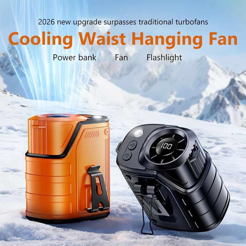 3-in-1 Portable Waist Fan with LED Flashlight & Power Bank | Rechargeable Clip-On Cooling Fan for Outdoor Work, Camping & Construction Sites, 3600mAh Battery, Digital Display