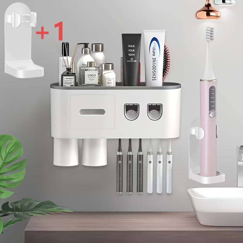 Wall-Mounted Toothbrush Holder Featuring a Double Automatic Toothpaste Dispenser And Squeezer Kit, Perfect for Valentine'S Day Gifts, Available from a Local Warehouse, Includes 3 Cups (Grey with 2 Toothpaste Dispensers And 3 Cups)