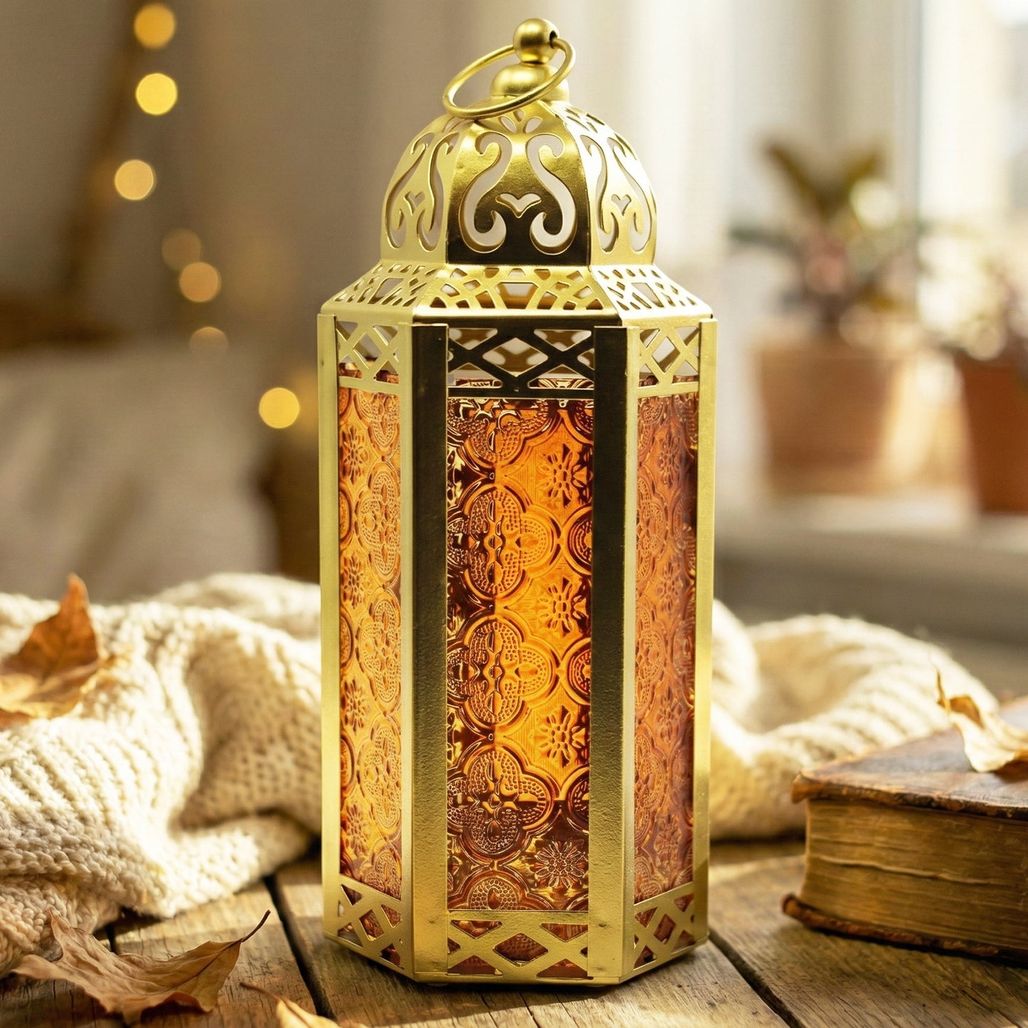 Moroccan Candle Lantern Holder - Decorative Metal & Glass Lantern with Embossed Floral Design for Indoor Home Decor, Garden, Patio, Weddings, Ramadan, Halloween & Holiday Celebrations - 10.5" Tall Medium Size