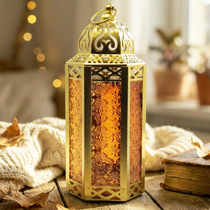 Moroccan Candle Lantern Holder - Decorative Metal & Glass Lantern with Embossed Floral Design for Indoor Home Decor, Garden, Patio, Weddings, Ramadan, Halloween & Holiday Celebrations - 10.5" Tall Medium Size
