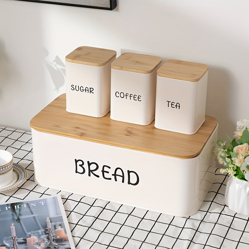 Bread Box with 3 Jars Set for Kitchen Countertop – Metal Bread Box with Bamboo Board Cover, Coffee Sugar Tea Canisters, Large Capacity Farmhouse Food Storage Organizer