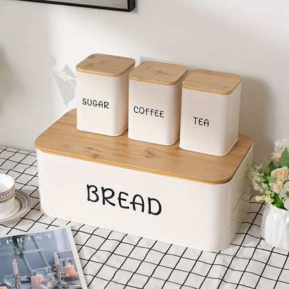 Bread Box with 3 Jars Set for Kitchen Countertop – Metal Bread Box with Bamboo Board Cover, Coffee Sugar Tea Canisters, Large Capacity Farmhouse Food Storage Organizer