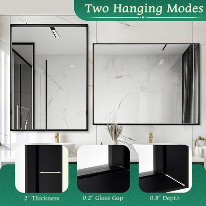 Bathroom Vanity Mirror Wall Mounted Metal Frame Rectangle – Anti-Rust Farmhouse Mirror in Matte Black, Gold & Silver, Multiple Sizes, Horizontal or Vertical Hang