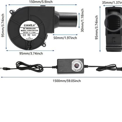 Turbo Blower Set with Adjustable Air Outlet - BBQ Barbecue Stove Firewood Stove Fan, DIY Cooling Ventilation Exhaust Tool Kit with Control Box & Stainless Steel Long Tube