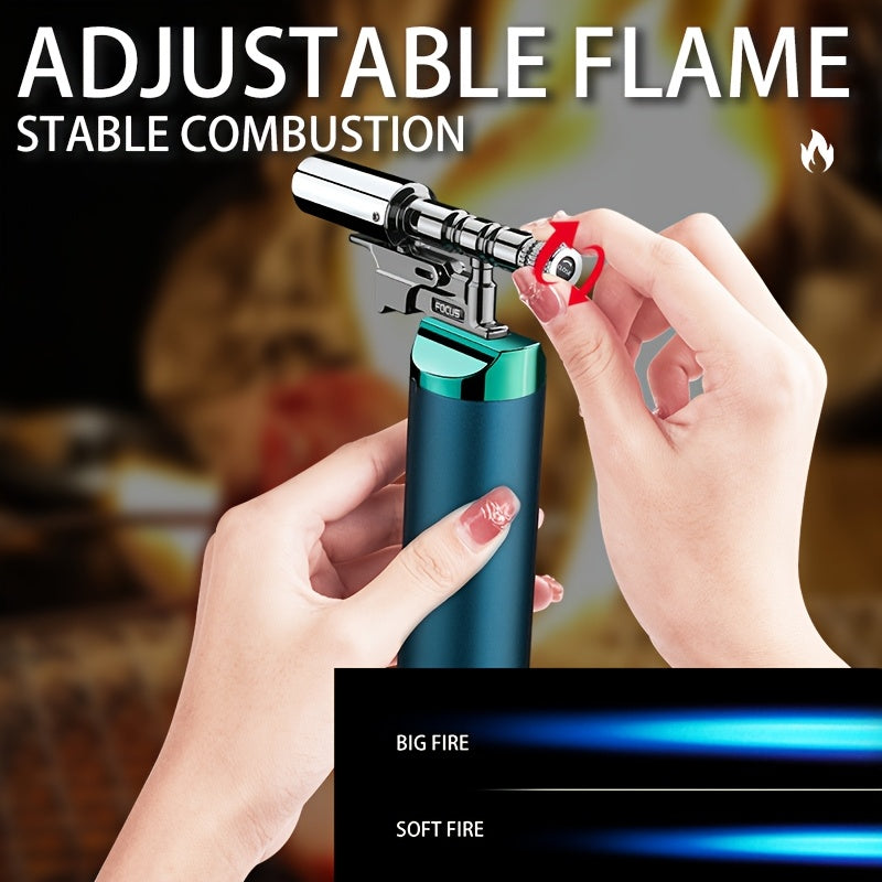 Refillable Torch Lighter Windproof Direct Blast Adjustable Fire Gun Kitchen Outdoor Camping Barbecue Cream (Free of Gas)