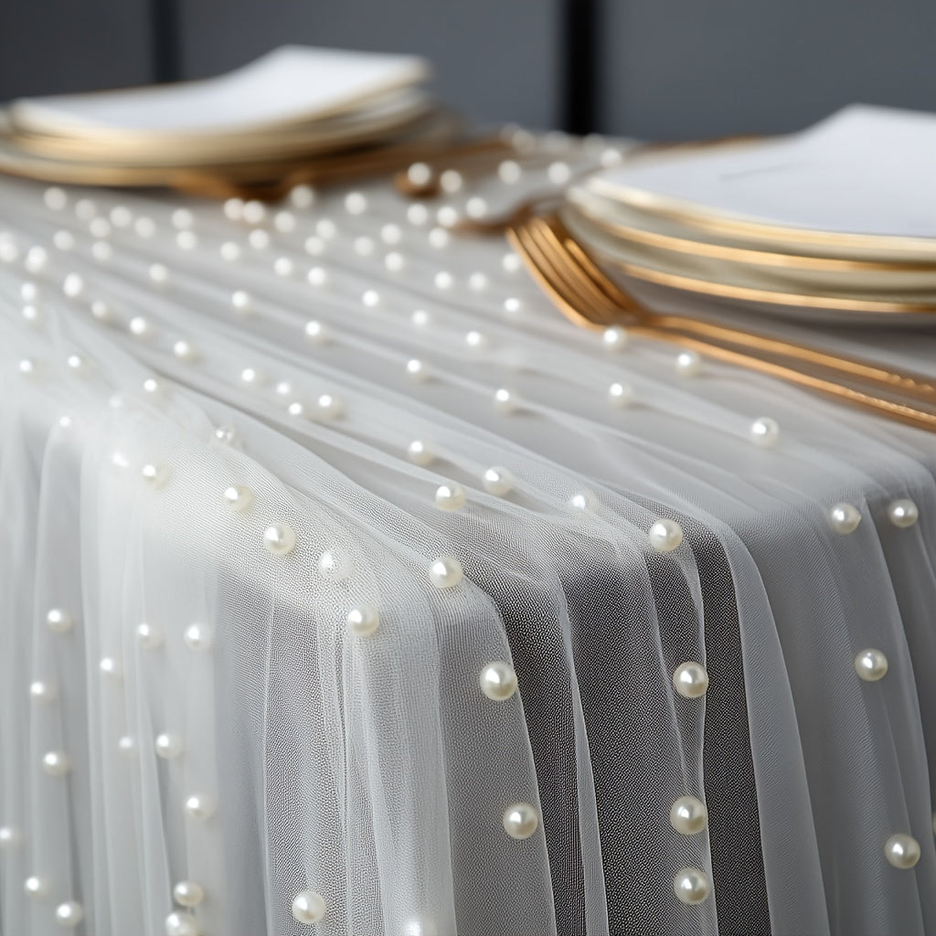 3pcs White Pearl Beaded Tulle | Suitable for Table Runners, Ceremony Backgrounds, Home and Room Decor, Birthday Party and Valentine'S Day Decorations, Romantic Atmosphere, Size 76*300cm/2.5*9.8ft, Polyester Material