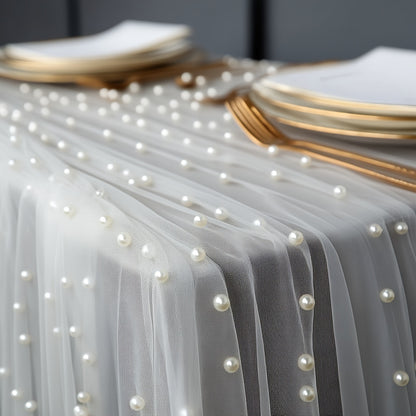 3pcs White Pearl Beaded Tulle | Suitable for Table Runners, Ceremony Backgrounds, Home and Room Decor, Birthday Party and Valentine'S Day Decorations, Romantic Atmosphere, Size 76*300cm/2.5*9.8ft, Polyester Material