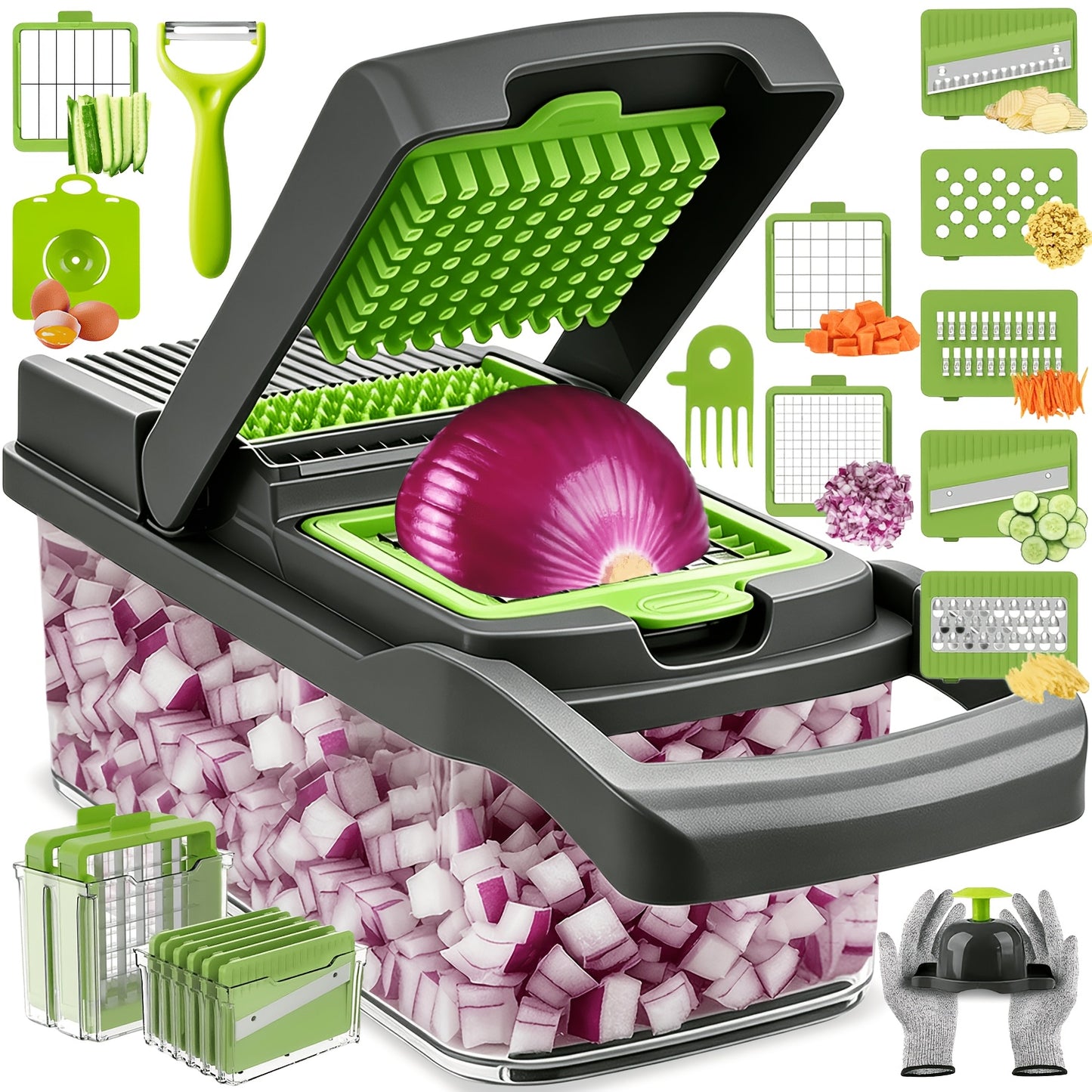 Vegetable Chopper, Onion Chopper, Mandolin Slicer, 18/9-In-1 Professional Food Chopper, Multifunctional Vegetable Chopper And Slicer, Dicing Machine, Adjustable Vegetable Cutter (With Container) (Gray)
