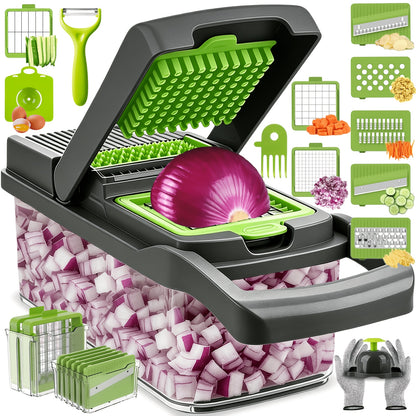 Vegetable Chopper, Onion Chopper, Mandolin Slicer, 18/9-In-1 Professional Food Chopper, Multifunctional Vegetable Chopper And Slicer, Dicing Machine, Adjustable Vegetable Cutter (With Container) (Gray)