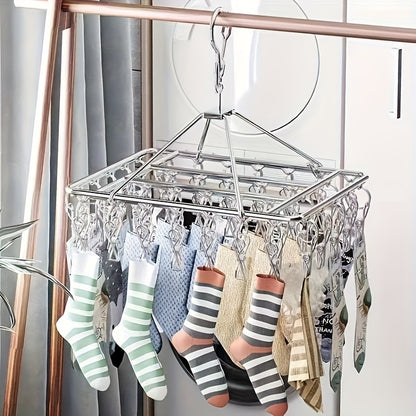 1pc/2pcs, 30-clip Stainless Steel Cooling Hanger, Windproof, Skidproof Hanging Laundry Rack, Suitable for Socks and Underwear, Space Saving Multi-functional Drying Rack, Suitable for Home, Bedroom and Balcony Use., Drying Racks