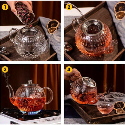 Amzcku 50OZ/1500ml Vintage Glass Teapot with Removable Infuser - Stovetop Safe Borosilicate Tea Kettle, Elegant Floral Design, Durable & Easy-Clean