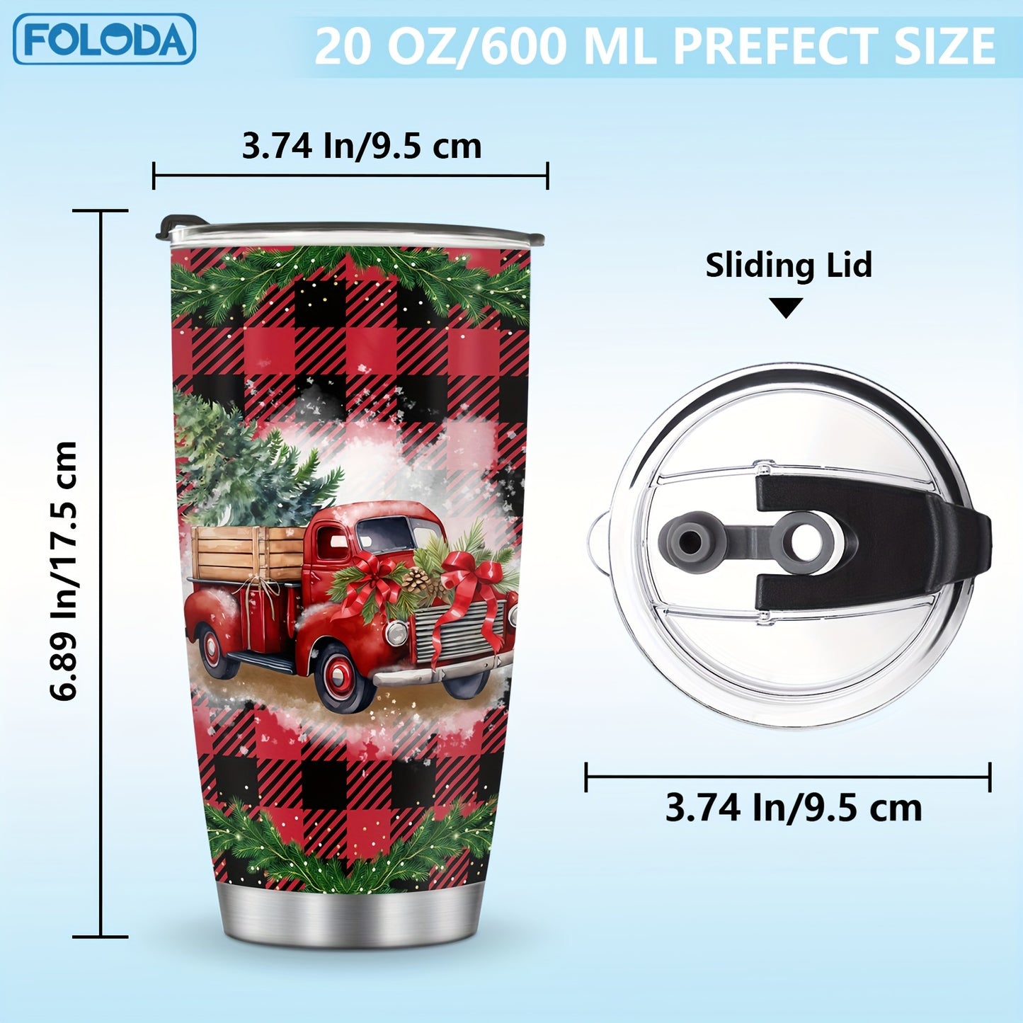 Foloda 1pc Red Truck Tumbler Christmas Patterns Tumbler Merry Christmas Gift Tumbler Stainless Steel Double Wall Vacuum Insulated Tumblers 20oz Coffee Travel Mug Xmas Gift Red Truck Gifts For Men Women Friend Parent Teacher Birthday