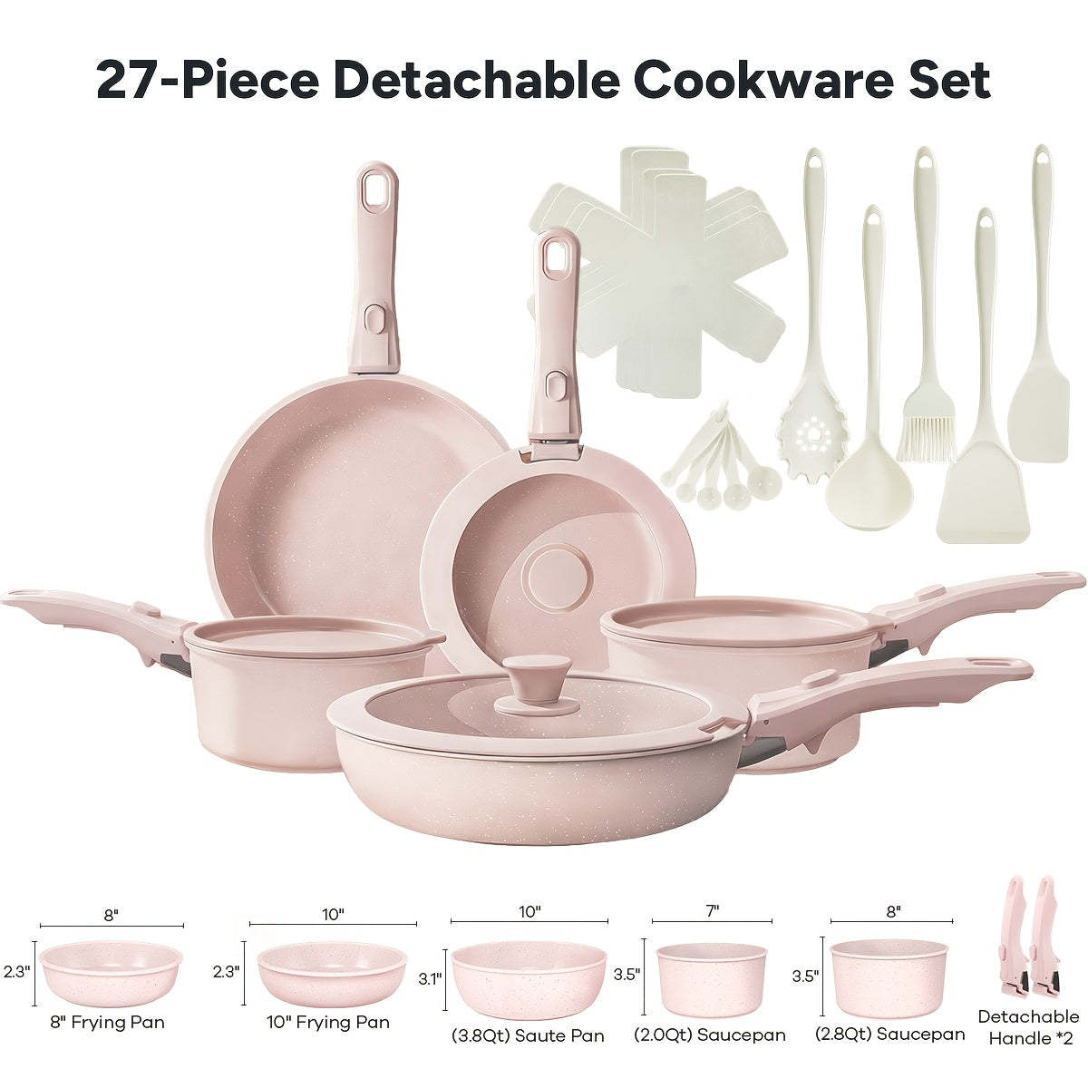 23Pcs/27pcs Nonstick Cookware Set, Pots, Non Toxic Cookware Sets Induction, Pots And Pans with Removable Handles, Cooking Set, Oven/Dishwasher Safe, Including Frying Pans, Sauce Pans, Beige, Christmas Gifts