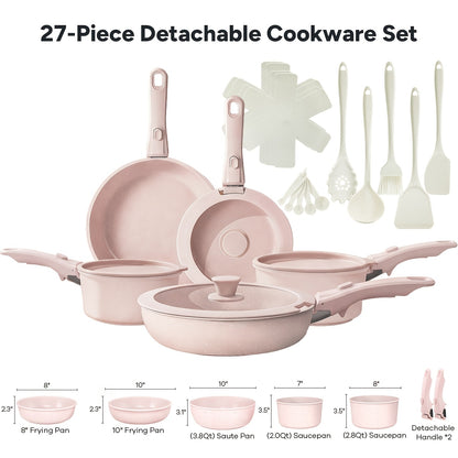 23Pcs/27pcs Nonstick Cookware Set, Pots, Non Toxic Cookware Sets Induction, Pots And Pans with Removable Handles, Cooking Set, Oven/Dishwasher Safe, Including Frying Pans, Sauce Pans, Beige, Christmas Gifts