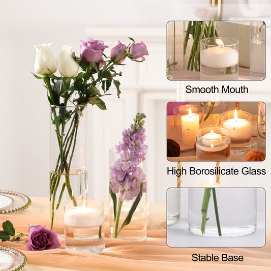 Clear Glass Cylinder Vases 24pcs Bulk Set - 4, 8, 12 Inch Tall Flower Vases for Centerpieces, Hurricane Floating Candle Holder for Wedding Party Table Home Decor, Valentine's Day Gift