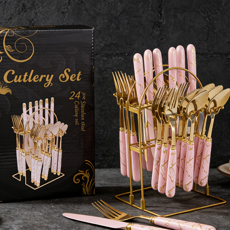 Thickened Marbled Hot Stainless Steel Tableware 24pcs Gift Box Storage Rack Western Steak Knives, Forks And Spoons