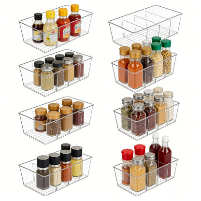Set of 8 Transparent Storage Bins for Organizing Food in The Pantry, Kitchen, Refrigerator, And Cabinets, Featuring 4 Compartments for Packets, Snacks, Pouches, And Spice Packets