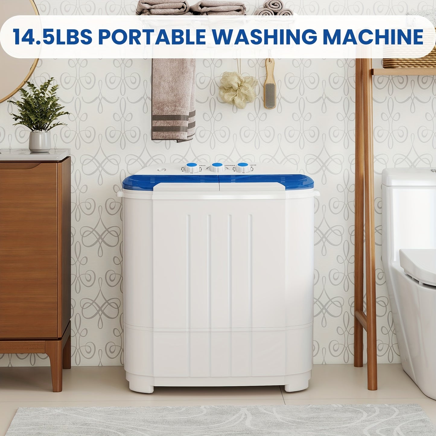 Portable Washing Machine 14.5Lbs Mini Twin Tub Washer Spin Dryer Combo Semi-Automatic 9.5Lbs Wash 5Lbs Spin Gravity Drain Time Control for Apartments Dorms RVs Camping