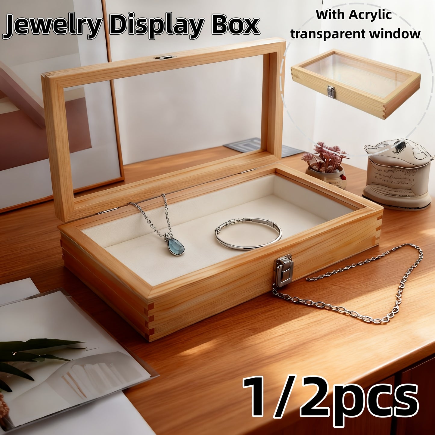 1/ 2pcs Lockable Wooden Display Storage Box, Acrylic Transparent Window, Drawer Organizer, for Jewelry, Collectibles, Gifts and Souvenirs, Elegant Wooden Finish with Clear Viewing Panel, Perfect Choice for Giving Gifts., Jewelry Boxes