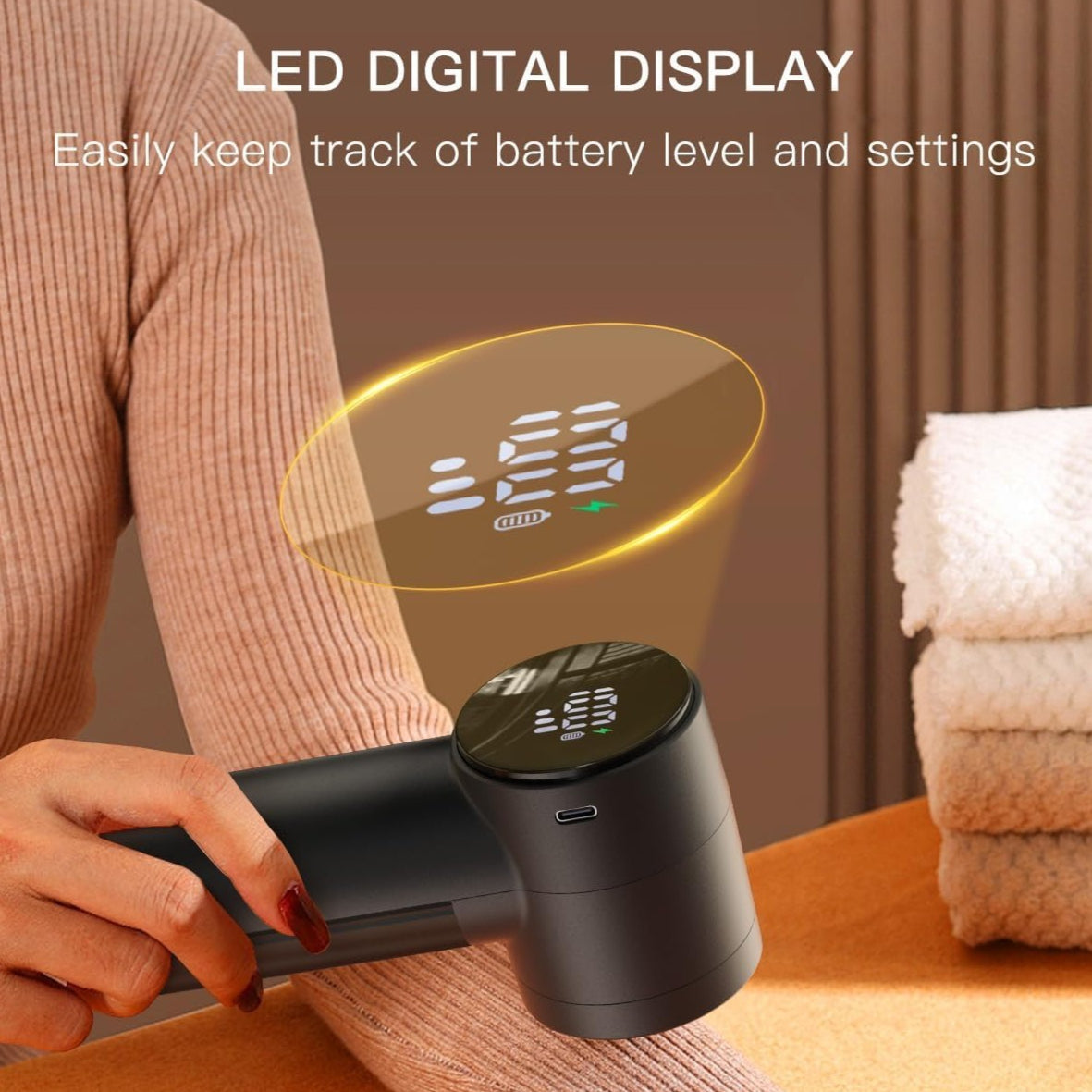 Electric Lint Remover Rechargeable Fabric Shaver 3-Speed Pill Remover Defuzzer with Battery Display Removes Fuzz Pilling from Sweater Blanket Jacket Furniture Couch One-Button Operation Black