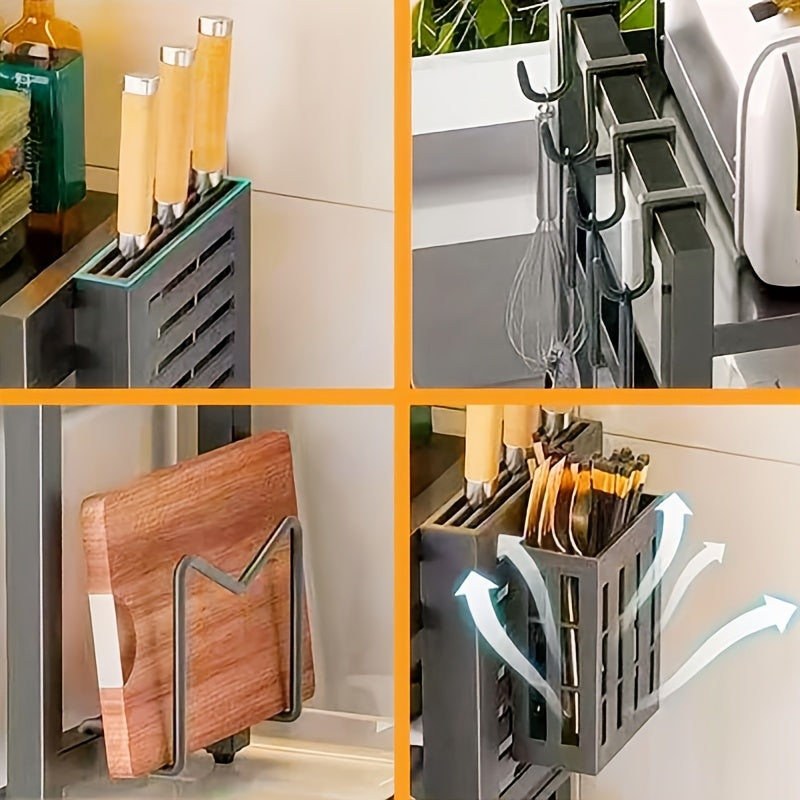 1 Space-Saving Black Metal Kitchen Storage Rack with Extendable Shelves - Multi-Functional Organizer for Microwave, Electric Cooker, Spices, Bowls, Chopsticks, And Cups - Durable, Strong Load-Bearing, Microwave Rack, Practical Shelf
