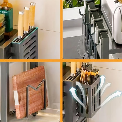 1 Space-Saving Black Metal Kitchen Storage Rack with Extendable Shelves - Multi-Functional Organizer for Microwave, Electric Cooker, Spices, Bowls, Chopsticks, And Cups - Durable, Strong Load-Bearing, Microwave Rack, Practical Shelf