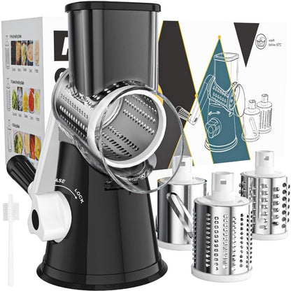 Rotary Cheese Planer Hand Crank Cheese Shredder Fresh Cheese, Vegetable Nuts, Non-Slip Suction Base, Free Cleaning Brush Three Blades