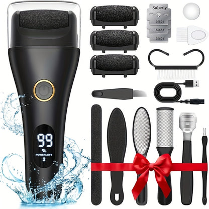 Electric Pedicure Foot File 10-in-1 Kit – Rechargeable with Digital Display, 3 Roller Heads, Dead Skin & Hard Skin Remover for Men & Women
