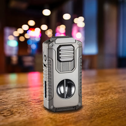 (No Butane)Windproof Tri-jet Flame Butane Lighter, Metal Multifunctional 5-in-1 Lighter, Cigar Portable Lighter, Adjustable Flame, Refillable, with Transparent Visual Gas Chamber, Suitable for Barbecue, Candles, Outdoor, Camping, Christmas Gift