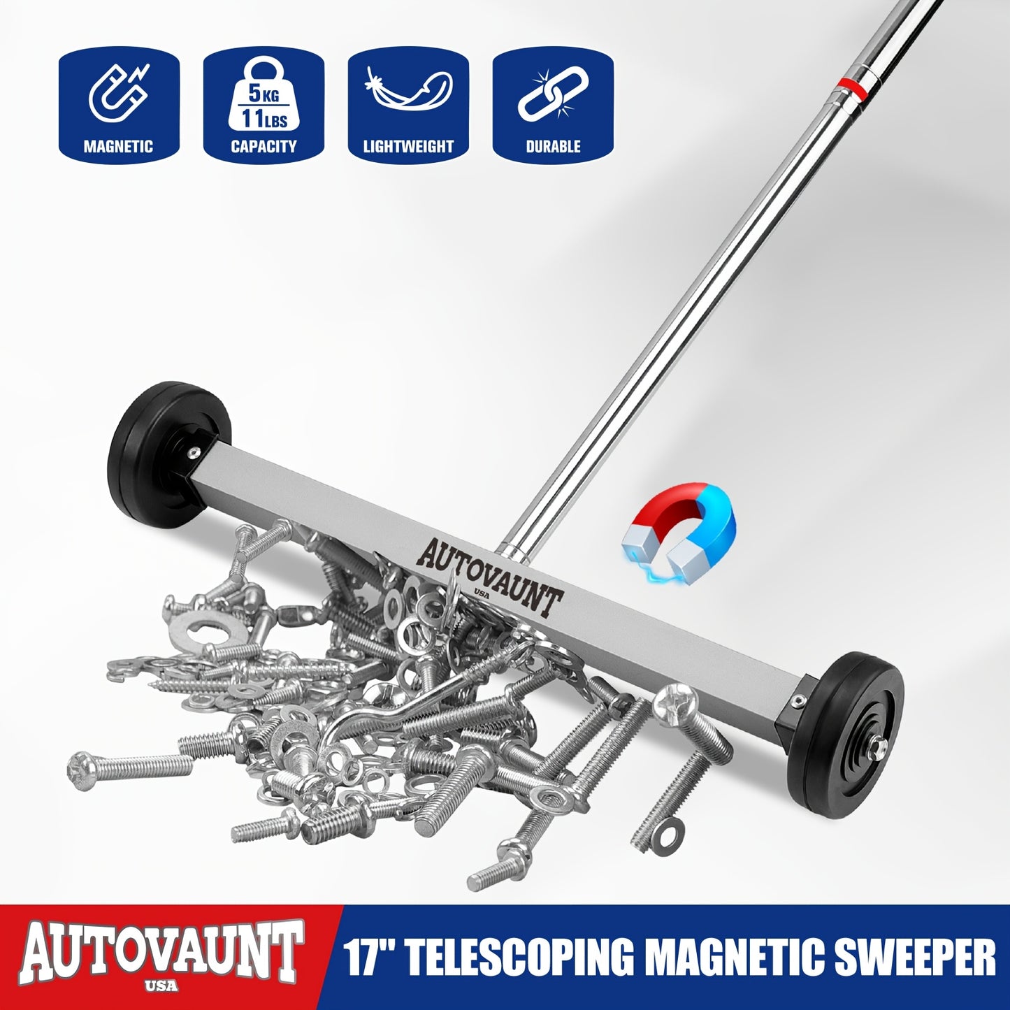 AUTOVAUNT 17-Inch Rolling Magnetic Sweeper with Wheels Pick Up Tools | Telescoping Adjustable Handle 15" to 38" Father's Day Gift for Dad Husband 8.8-Pound Capacity Heavy-Duty Magnet to Pick Up Screws Nails Gaskets Nut, Ect. Father's Day Gift for Dad