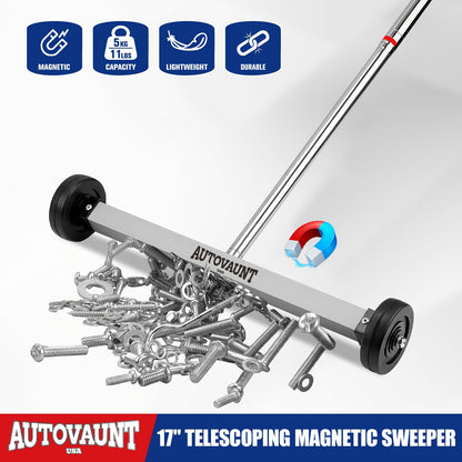 AUTOVAUNT 17-Inch Rolling Magnetic Sweeper with Wheels Pick Up Tools | Telescoping Adjustable Handle 15" to 38" Father's Day Gift for Dad Husband 8.8-Pound Capacity Heavy-Duty Magnet to Pick Up Screws Nails Gaskets Nut, Ect. Father's Day Gift for Dad