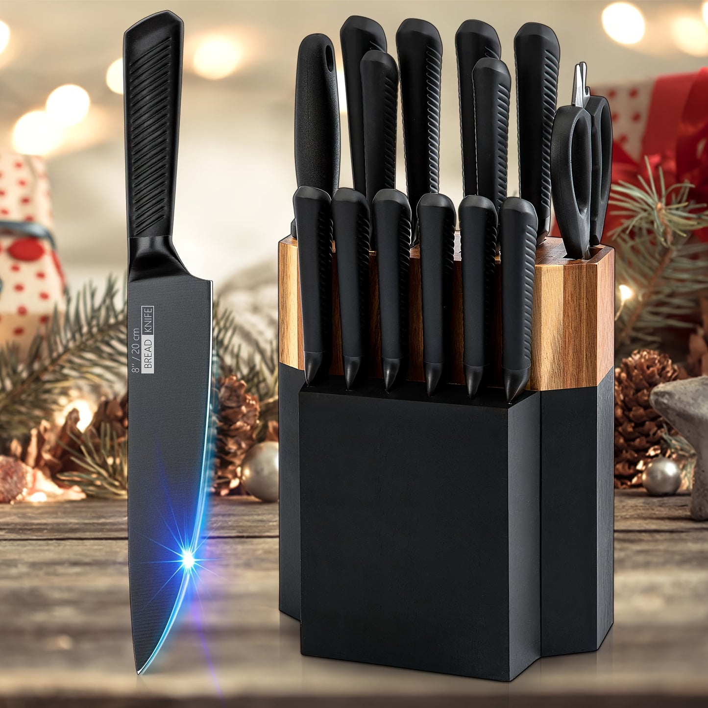 Kitchen Knife Set 15 Piece – Chef Knife Block Set with Self-Sharpening Wooden Block, Steak Knives & Hammered Stainless Steel Blades, Perfect Gift for Home Cooks & Men
