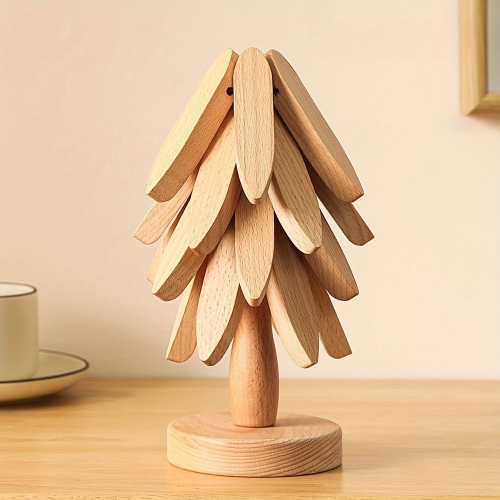 Solid Wood Heat Insulation Mat Set, Heat-Resistant Table Mats, Tree-Shaped Design, High-Quality Exquisite Coasters for Home Use, Heat-Resistant Tableware Mats, Natural Foldable Wooden Kitchen Tripod, Suitable for Hot Dishes, Pots, Bowls, And Teapots