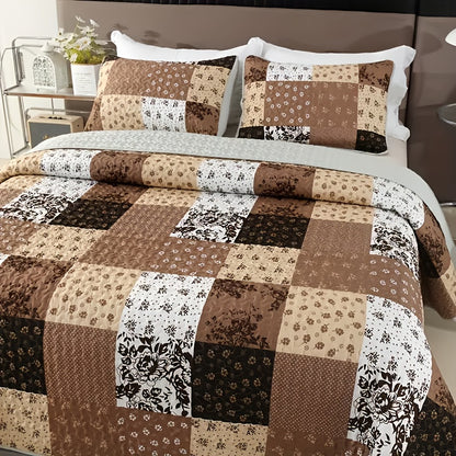 3pcs Patchwork Style Quilted Bedspread Set, Includes 1 Quilt and 2 Pillow Shams, Machine Washable, All-Season Comfort, Soft Breathable Bedroom Dorm Decor Bedding Set, 100% Polyester, Active Printing, Quilting Craftsmanship, 90g Fabric Weight