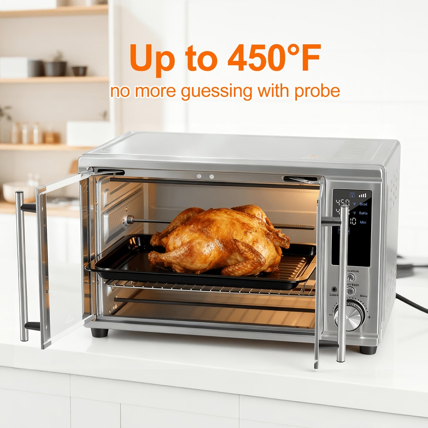 29.6QT XL Air Fryer Oven with Smart Probe, 12-in-1 Digital Toaster Oven Combo for Large Family, Stainless Steel Countertop Oven, Includes 7 Accessories & Rotisserie, 450°F Rapid Heat for Baking & Roasting