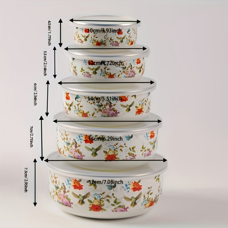 5pcs Enamel Multifunctional Sealed Fruit And Vegetable Preservation Boxes, Portable Lunch Boxes, Noodle Bowls, Refrigerator Preservation Bowls, Food Storage Containers, Suitable for Home Kitchens, Office School Lunches, And Outdoor Cooking Camping.