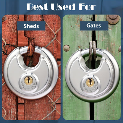 10pcs Padlocks Alike Keyed, Stainless Steel Pad Locks with Same Key Discus Lock 2-3/4 Inch Wide 3/8 Inch Diameter Shackle, Disc Lock for Outdoor Use, Storage Unit, Sheds, Garages And Fence