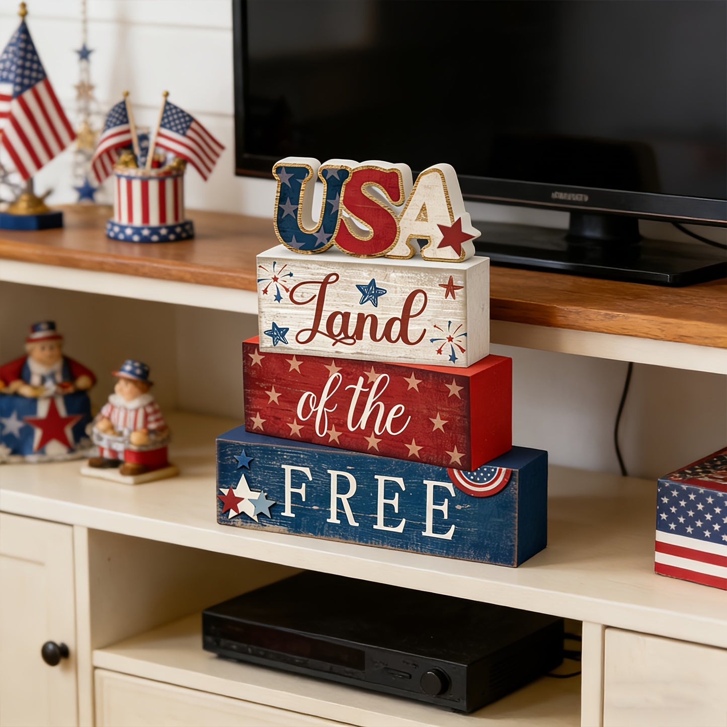 Memorial Patriotic Decorations, 4Th of July Day Tabletop Decorations, Red White Blue Table Decorative Sign for Office Tiered Tray Home Shelf 250Th Anniversary Gift