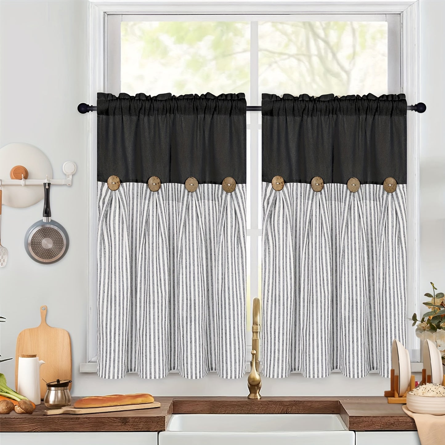 Semi Sheer Curtains Bohemian Linen Cotton Patchwork Grommet Top Window Drapes for Bedroom Living Room Kitchen Bathroom Cafe - Boho Country Cottage Style 4 Seasons 1 or 2 Panels