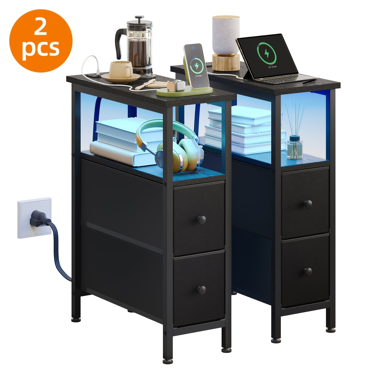 1pc/2pcs Narrow End Tables Living Room With Charging Station, Skinny Side Table With Fabric Drawers, Slim LED Nightstand For Bedroom, School And Dormitory Storage, Small Spaces, Couch, For Halloween And Christmas, Storage Drawer Units