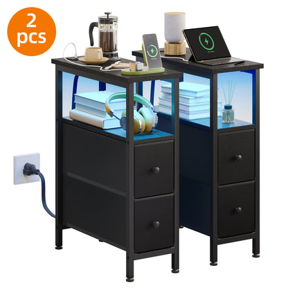 1pc/2pcs Narrow End Tables Living Room With Charging Station, Skinny Side Table With Fabric Drawers, Slim LED Nightstand For Bedroom, School And Dormitory Storage, Small Spaces, Couch, For Halloween And Christmas, Storage Drawer Units
