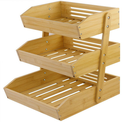 3 Layer Or 2 Layer Bamboo Fruit Storage Rack, Equipped with 2 Hooks, Suitable for Fruit Display Cases in Stores, Fruit Racks in Markets, Kitchen Spice Racks, Vegetable Organizing Racks, And Bread Counter Shelve, Shelf Baskets